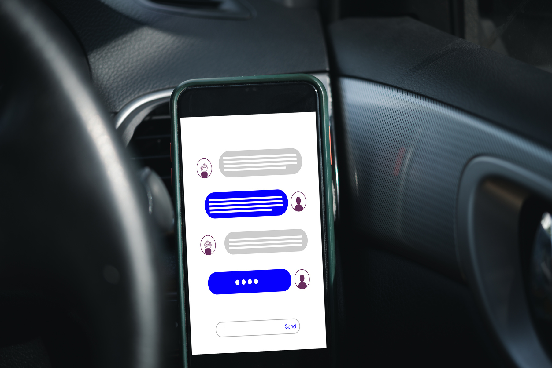 smartphone in car chatbot with artificial intelligence technology virtual information and customer support, Chat AI Digital chatbot, robot application, OpenAI generate.